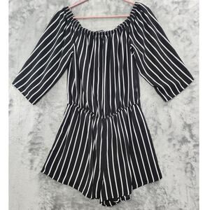 Ambiance Romper Womens L Black White Striped Off Shoulder 3/4 Sleeve Stretch